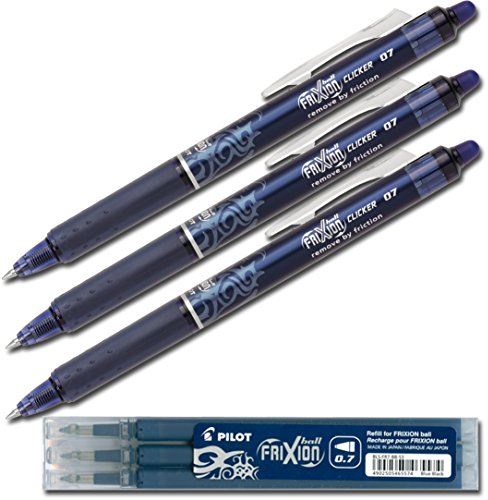 Pilot Frixion Clicker Tintenroller 0,7 mm blau schwarz 3 Stifte + Minen