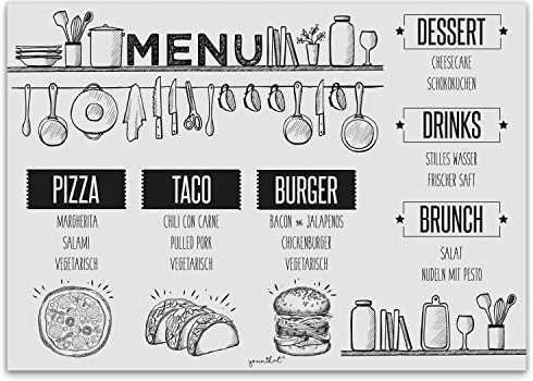 Paper table set in “menu” motif, ideal as a base for plates, cutlery and glasses; table placemats