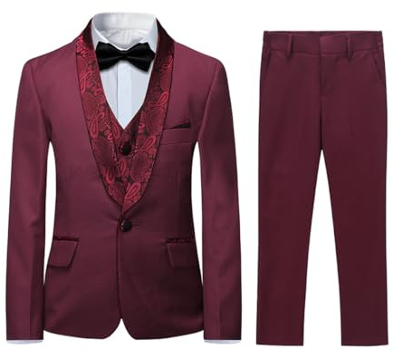 Sliktaa Pojkar bröllopskostym 3 delar en knapp klänning kostym bal sida pojke jacquardsjal slag tux (kavaj+väst + byxor), Röd, 8 År
