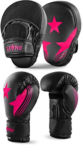 Lions Focus Pads and Gloves Set - Boxing Hook and Jabs Sparring Punch Martial Arts MMA Punching Mitts Muay Thai Kickboxing Coach Glove Sets for Men Women (PINK-MAXSTAR, 10OZ)