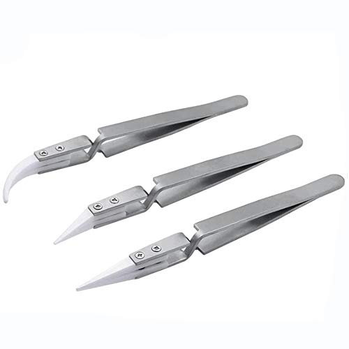 Bestgle 3pcs Ceramic Tweezers Set, Precision Stainless Steel Antistatic Pointed Tweezers Kit for Electronics, Jewelry-Making and Laboratory Work