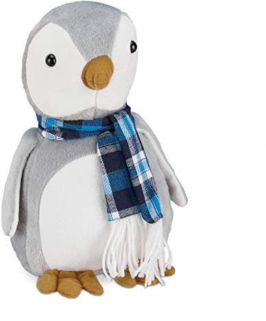 Relaxdays Türstopper Pinguin, Stoff, für Boden, innen, weiß-grau | dekorativer Tier Türpuffer, 26 cm hoch, weich, schwer