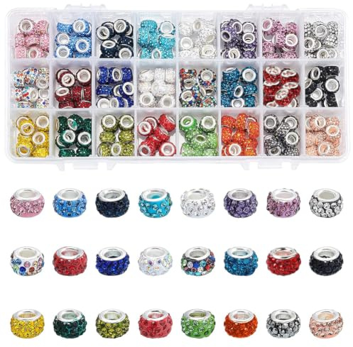 NBEADS 240 Stk. Strass Europäische Perlen, 24 Farben Polymer Clay Rondelle Charm Perlen Crystal Pave Disco Spacer Perlen Mit Großem Loch Und Messingkernen Für Die Schmuckherstellung