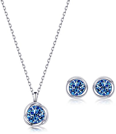 Immobird Juego De Joyas Para Mujer, Conjunto Collar Y Pendientes De Plata 925 Con Circonia, Plata/Oro Rosa (Azul 8 Mm)