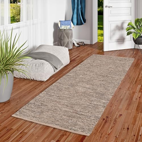 Pergamon Baumwolle Natur Kelim Teppich Läufer Easy Braun Meliert in 3 Größen