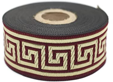 35062 Jacquard-Band mit griechischem Schlüsselband, mittelalterlicher Stoffbesatz, Geschenkverpackung, Hochzeit, Party, Dekoration, 10 Meter breit, 3,5 cm breit, Bordeaux-Gold