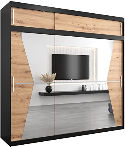 MEBLE KRYSPOL Maroko 250 Schlafzimmerschrank mit DREI Schiebetüren, Spiegel, Kleiderstange und Regalen – 250x240x62cm - Mattschwarz + Artisan mit Verlängerung