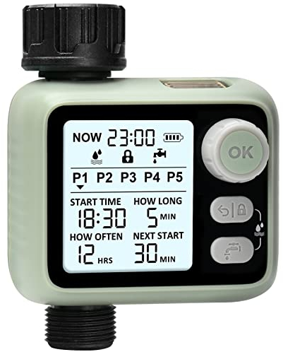 Johgee Bewässerungscomputer mit Blacklit-Display, bis zu 5 Bewässerungsprogramme pro Tag, Automatische und Zeitsparende Bewässerung Bewässerungsuhr für Garten, Gewächshaus (IPX5)