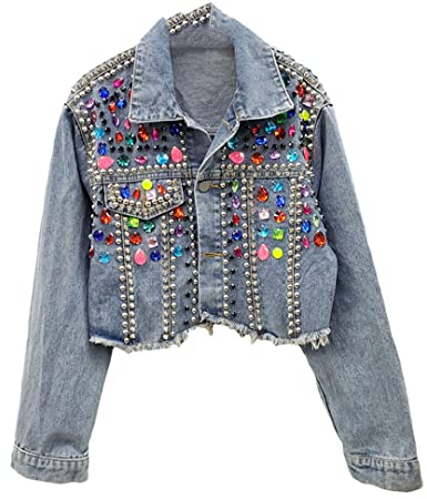 Hcclijo Mehrfarbige Diamant-Nieten-Jeansjacke Mantel Damen Lockere Kurze Cowboy-Oberbekleidung Vintage-Jeansjacken