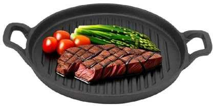 Tissting Gusseisen Grillpfanne Runde 24cm - Steakpfanne Antihaft Servierpfanne Teppanyaki Bratpfanne mit Griff, Outdoor Camping BBQ Pfanne für Elektroherde & Gaskocher, Schwarz