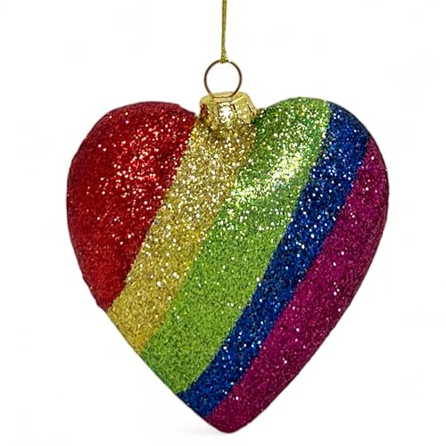 MIJOMA Christbaumschmuck Pride - Weihnachtsbaum-Anhänger im Regenbogen Design mit Glitzer-Effekt für echte Feierlichkeit. Größe 10cm. Baumschmuck bruchsicher und stilvoll. (Regenbogen-Herz)