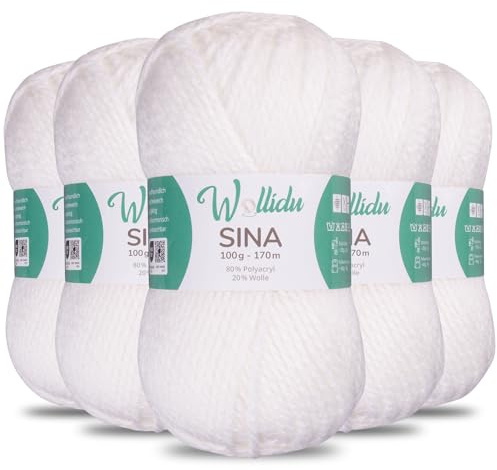 Wollidu Sina Wolle zum Stricken und Häkeln 500g Premium Strickwolle/Häkelwolle Set OEKO-TEX zertifiziert 5 x 100g/170m 80% Polyacryl 20% Schafwolle mulesing-frei - Weiß