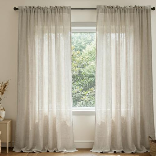 Mrs.Naturall Cortinas beige de 60 pulgadas de ancho para sala de estar, juego de 2 paneles con bolsillo para barra, cortinas semitransparentes de lino primitivo extra grande de arpillera para