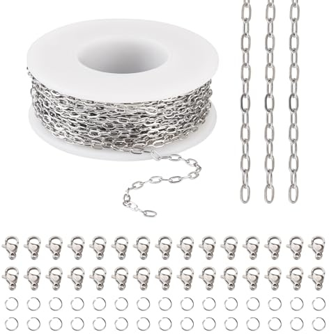 PandaHall - Catene a maglie ovali in acciaio inossidabile 304, 10 m, con 30 chiusure a moschettone, 60 anellini aperti, per la creazione di collane e gioielli