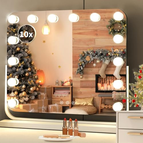MAMIZO Hollywood Schminkspiegel mit Beleuchtung, 360° Drehbarer, 14 LED Dimmbar,Spiegel mit Licht, USB, Touch-Steuerung und 3 Lichtfarben, 10x Lupe,Wandspiegel, Tischspiege, Make-up-Spiegel
