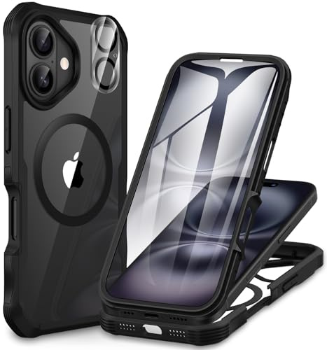 CENHUFO für iPhone 16 Hülle, Kompatibel mit MagSafe Eingebautem Panzerglas Displayschutz und Kamera Schutzfolie 360 Grad Schutzhülle Stoßfest Cover Case Magnetisch Handyhülle iPhone 16 - Schwarz