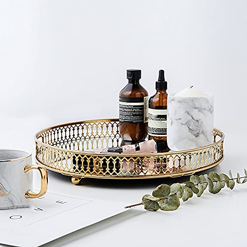 Dekoratives Tablett - Spiegeltablett Gold Make-up Schmuck Organizer, Verspiegelt Metall Deko für Frühstück, Obst, Hotel, Küche, Badezimmer, Frisiertisch (Rund)