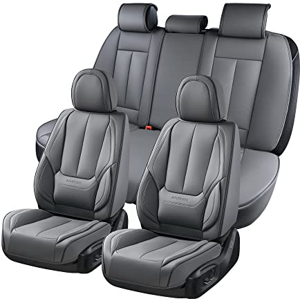 Coverado Autositzbezüge Set Autositzschoner Vorne und Hinten 5 Stück | Wasserdichtes Nappaleder Auto Sitzschutz Universal Fit für die Meisten Limousinen SUV Pick-up Truck,Grau