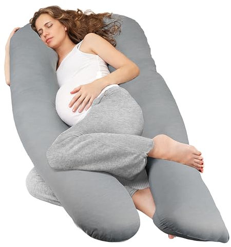 Nuliie Almohada Embarazada Dormir en Forma de U, Cojin Embarazada con Funda de Tela Fresca y Lavable, Almohada Embarazo para Soporte de Espalda, Caderas y Piernas (Gris Claro Refrescante)