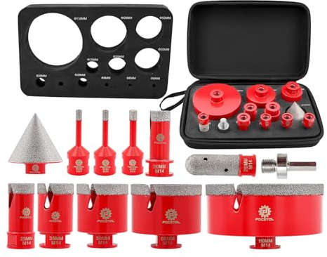 FOCSTOL Diamond Core Drill Bit Set - 12pcs (6/6/8/20/25/35/50/68/110mm+20mm Finger Milling Bit+50mm Beveling Chamfer Bit+Hex) Diamond Hole Saw Kit for Porcelain Ceramic Tile Marble Granite