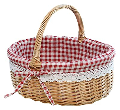 MAGICLULU Picknickkorb aus Weidengeflecht mit Einlage Ovaler Weidenkorbgriff Blumenmädchenkorb Picknickkorb im Vintage- Gewebter Leerer Geschenkkorb für Picknick Camping Rot B