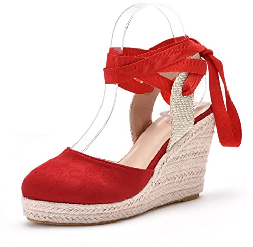 HIKKWXVN Alpargatas con Cordones para Mujer, Sandalias de Plataforma con cuña y Puntera Cerrada, para Fiestas, Bailes, Vacaciones, Playa, Zapatos Elegantes,Rojo,34 EU