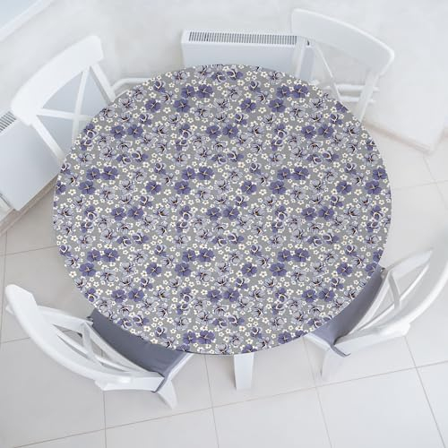 ABAKUHAUS Staubiges Blau Elastisches Rundtischtuch, Veilchen und Gänseblümchen Kunst, Rundum-elastische Stofftischdecke, 114 cm - 142 cm, Hell Grau Ceil Blau
