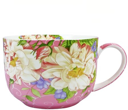 Large 25 Ounce Large Coffee Mug Soup Bowls with Handles Oversized Soup Mugs Bone China Soup Mug Cup Soup Bowl for Coffee Cereal Latte (pink Magnolia)