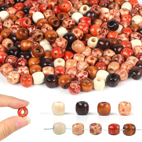 300 Stück Holzperlen, Perlen Holz Gemalt mit großem Loch,Natürliche Perlen Holz zum Auffädeln, 4 Stile HolzKugeln mit großem Loch, Muster Holzperlen Natur für DIY Armband Halskette Dreadlock