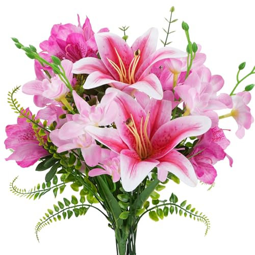 NAHUAA 10 PCS Stargazer Lily Artificial Flowers Lily Flowers 18.5 Long Stem Mixed Azalea Real Touch Artificial Flower Bouquets for Home Hotel Wedding Party Table Centerpiece Decor（Pink）