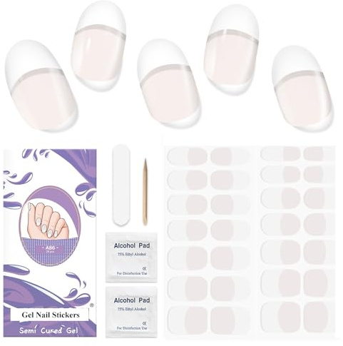 Autocollant Ongle Gel UV - 28pcs Vernis Autocollant Français Gel Nail Stickers,Ongles en Gel UV Semi Durci Ongles Autocollants Adhésifs Longue Durée Pour Femmes Filles Nail Designs Art Qualité Salon