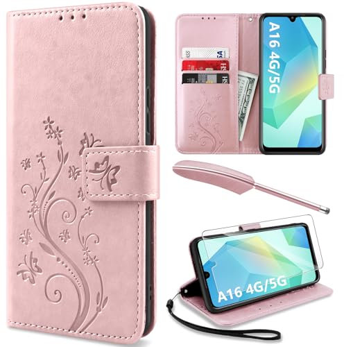 YIRSUR Handyhülle für Samsung Galaxy A16 4G/5G Hülle mit 1 Stück Hartglas Schutzfolie, PU Leder Flip Wallet Case Kartenfach Ständer Klapphülle Lederhülle für Samsung Galaxy A16 4G/5G - Rosa