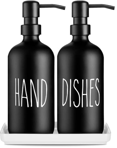 Glass Soap Dispenser Set: Premium 2 Pack Dispenser Bottles with Ceramic Tray 500ML/17oz Farmhouse Soap Lotion Pump Dispensers Refillable Hand Soap Dispenser,for Kitchen, Bathroom (Black)