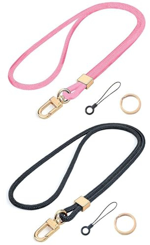 CVDYWDJIE Lot De 2 Cordons Pour Téléphone Portable, Cordons Longs Classiques Unis En Polyester Avec Porte-Clés En Métal Et Porte-Carte D'Identité, Noir Et Rose