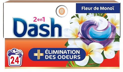 Dash 2en1 PODS, Lessive En Capsule, 96 Lavages (4 x 24 Lavages), Fleurs de Monoï, PLUS DE FRAÎCHEUR, ÉLIMINATION DES ODEURS avec l’adoucissant Lenor, Fabriquée En France, Dash 2in1