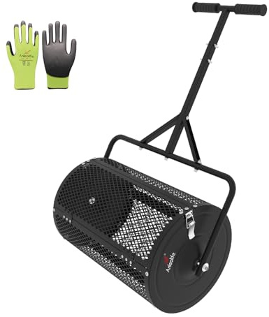 A ANLEOLIFE 24 Inch Compost Spreader, Lawn and Garden Peat Moss Roller with Side Latches, 24-31.1 Height Adjustable Handle, Metal Mesh Basket for Spreading Topsoil, Manure, Mulch, Black