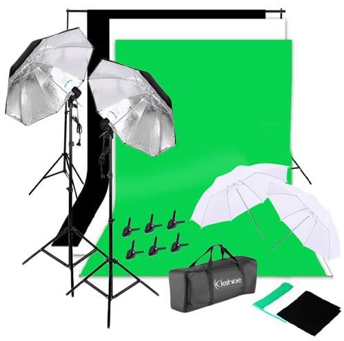 Kit Studio Photo Complet avec Parapluies Réflecteurs 135W + Support de Fond 2x3m + 3 Toiles de Fond en 3 Couleurs+ Pinces à Ressort – Éclairage Studio Photo & Vidéo Professionnel