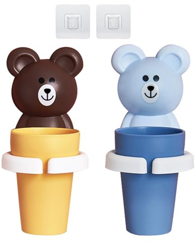 KLEHOPE Zahnbürstenhalter Ohne Bohren, 2 Stück Zahnbecherhalter für Kinder, Zahnputzbecherhalter mit Zahnputzbecher, Zahnbürsten Halter für Trinkbecher Kinder ab 2 Jahren