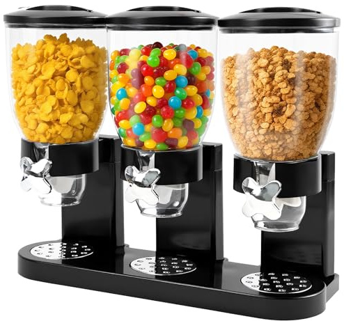 Adorabby Triple Cereal Dispenser Countertop - 3 Pack 2L Large Cereal Containers Storage Airtight, Rotating Black Plastic Dry Food Dispenser for Cereal, Rice, Grains, Candy, Coffee Beans