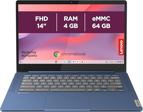 Lenovo IdeaPad Slim 3 Chromebook 14M868 - Ordinateur Portable 14'' FHD (MediaTek Kompanio 520, RAM 4Go, SSD 64Go, Arm Mali-G52 2EE MC2 GPU, Chrome OS) Clavier AZERTY Français - Bleu