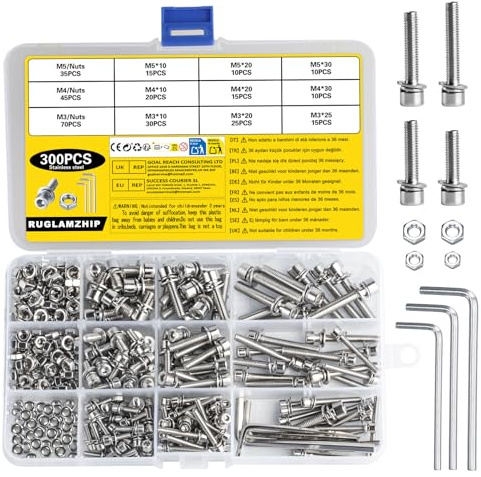 300 Stk M3 M4 M5 Schrauben Set,Zylinderschrauben mit Innensechskant Schrauben Muttern Set,Edelstahl Sechskantschrauben mit Muttern Unterlegscheiben Set,Gewindeschrauben Maschinenschrauben Sortiment