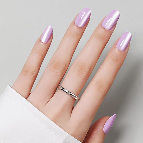 Luxbon Round Press On Nails avec colle à ongles et kit d’outils | Short Stick On Nails Cat Eye Soft Gel Tips 25-30pcs Full Size Set, Faux ongles réutilisables, Violet