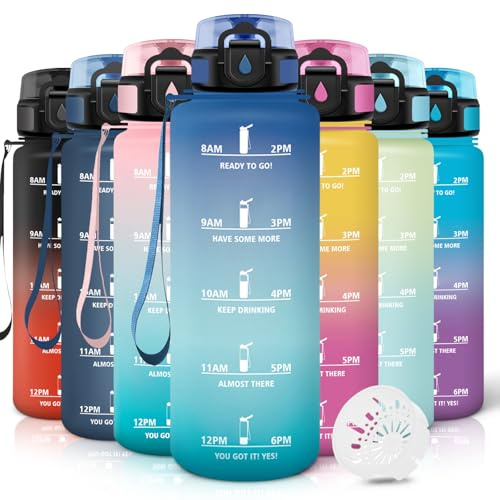 Motswedi Gourde 1,5l, Anti-Fuite, Gourde Sport, avec Marqueur de Temps, Bouteille d'eau, Réutilisable, Bouteille, pour Sport, Randonnée, Yoga, Fitness, Bleu Vert