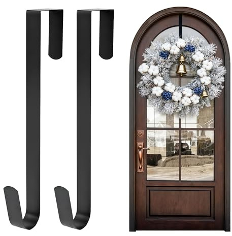 JuanYi 2 Pack Christmas Wreath Hanger for Front Door, 12 Inches Metal Over Door Hook for Wreaths, Non-Slip Wreath Hook for Christmas Decorations, Wedding Wreaths, Party Decor, Home Office, Black