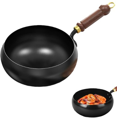 Generico Padella in ferro giapponese, padella in ferro forgiato, 24/26/28/ cm, non rivestita, in forgiato a mano, con coperchio in legno, grande vaso, distribuzione uniforme del calore