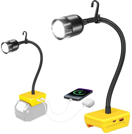 iTayga LED Akku Lampe Für Dewalt 18V/20V, 30W 9000K Kabellose Arbeitsleuchte Akku mit Haken/USB/Typ-C-Anschluss/360° Schwanenhals, Tragbares Flutlichter Baustellen Lampe für Außenbereich (kein Akku)