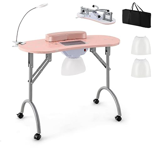 COSTWAY Tavolo per Manicure Pieghevole con Aspiratore, Tavolo per Unghie Portatile con Luce LED Regolabile, Cuscino Poggia Polso Rimovibile, Borsa da Trasporto e 4 Ruote Bloccabili (Rosa)