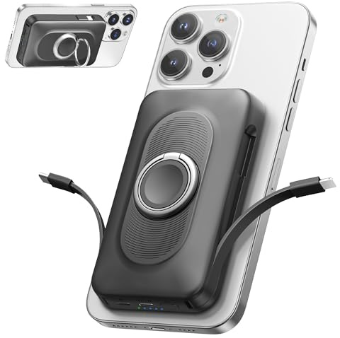 Mag-safe Power Bank 20000mAh, 22.5W PD Wireless Power Bank Fast Charging, Portable Charger with Built in USB-C/IOS cable, Magnetic Battery Pack with Stand for iPhone 17/16/15/14/13/12 Pro Max Black