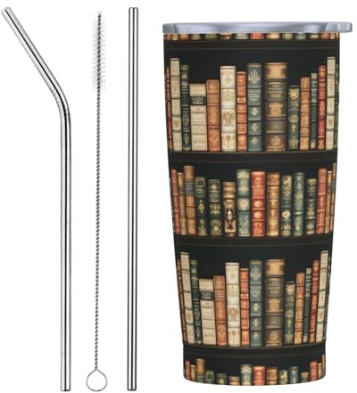 Vaso con diseño vintage de biblioteca con tapa y popote, vasos aislados de acero inoxidable de 20 onzas, taza de café personalizada, botella de agua