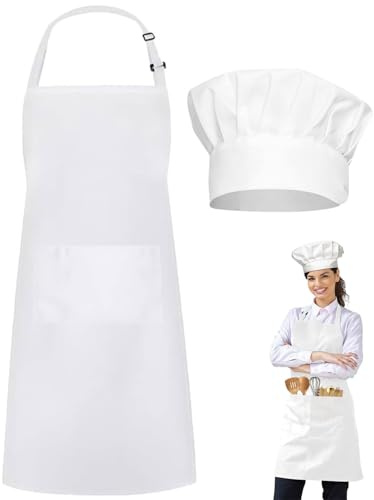 HUVZOR Grembiule da cucina e cappello da chef, set grembiule da cucina bianco, grembiule da cucina regolabile con tasche per uomo e donna, cucina, cottura al forno, barbecue